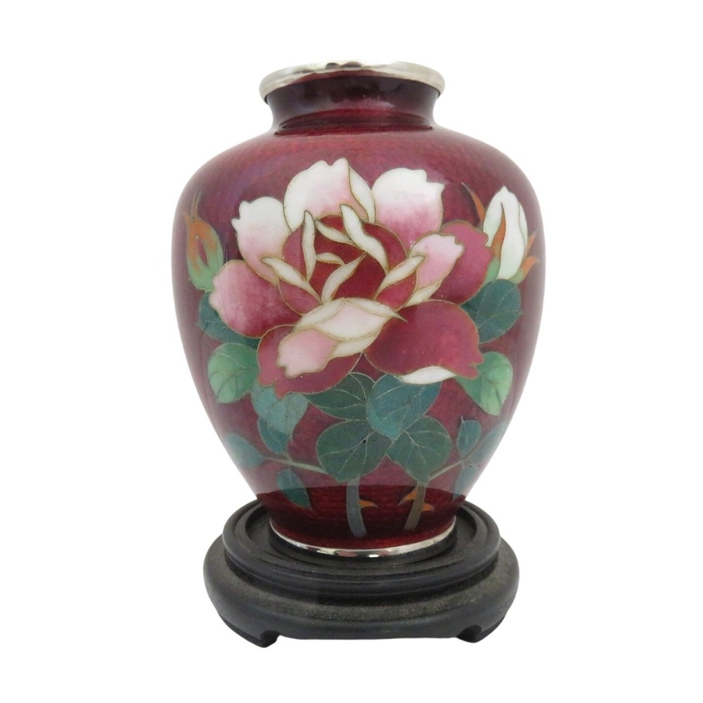 Vintage Japanese Ginbari Cloisonne Red Pigeon Blood Enamel Rose Vase +Stand 4in